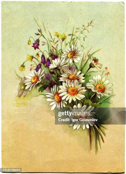 Postcard printed in the USSR shows draw by Makarov - bouquet of daisies and bluebells, circa 1986.