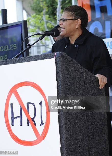 Congresswoman Karen Bass speaks at the Downtown Los Angeles Rally In Opposition Of HR1 With Mayor Antonio Villaraigosa at Edward Roybal Federal Plaza...