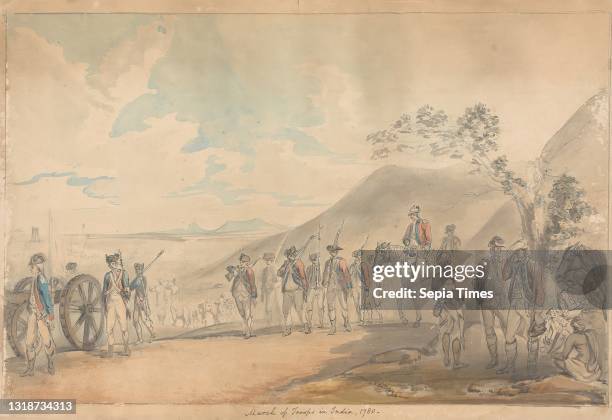 March of Troops in India, Samuel Davis, 1757–1819, British Watercolor, pen and black ink, gray wash and graphite on moderately thick, moderately...