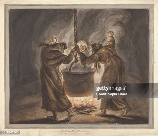 The Three Witches from Macbeth: Double, Double, Toil and Trouble, Mary Hoare, 1753–1820, British Watercolor with black ink and scraping over graphite...