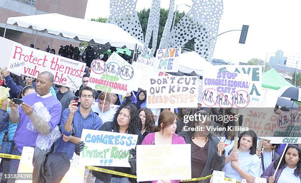 Protestors at the Downtown Los Angeles Rally In Opposition Of HR1 With Mayor Antonio Villaraigosa at Edward Roybal Federal Plaza on March 23, 2011 in...