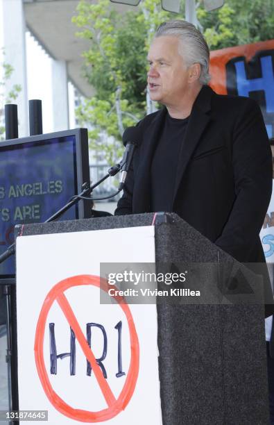 Actor Tim Robbins speaks at the Downtown Los Angeles Rally In Opposition Of HR1 With Mayor Antonio Villaraigosa at Edward Roybal Federal Plaza on...