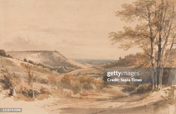 Boxhill from Westhumble Lane, Henry Edridge, 1769–1821, British, undated, Watercolor, with pen, in brown ink, and graphite on moderately thick,...