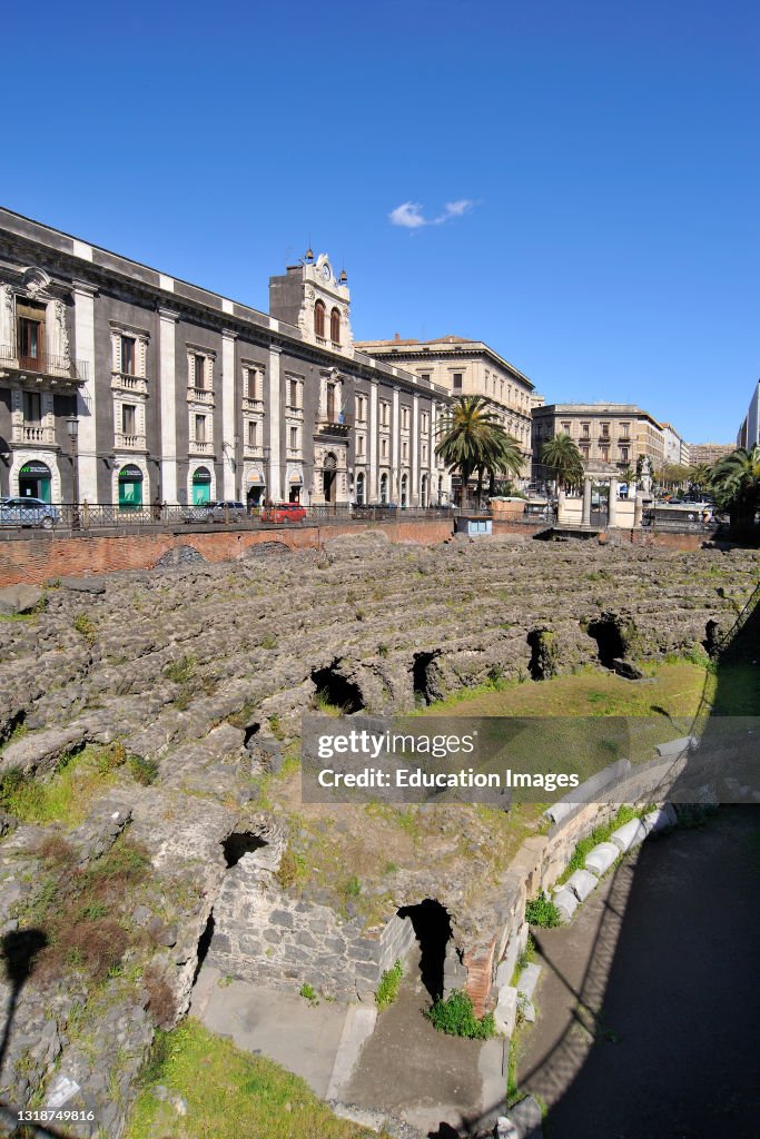 Catania. Piazza Stesicoro with the Roman Amphitheater. Sicily. Italy