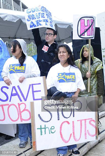 Protestors at the Downtown Los Angeles Rally In Opposition Of HR1 With Mayor Antonio Villaraigosa at Edward Roybal Federal Plaza on March 23, 2011 in...