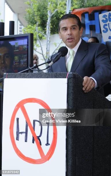 Mayor of Los Angeles Antonio Villaraigosa speaks at the Downtown Los Angeles Rally In Opposition Of HR1 With Mayor Antonio Villaraigosa at Edward...