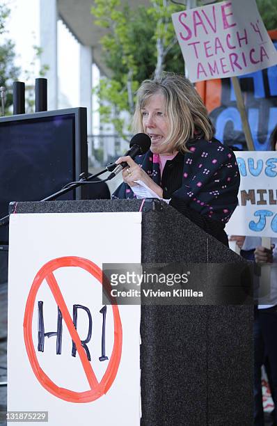 Actress Mimi Kennedy speaks at the Downtown Los Angeles Rally In Opposition Of HR1 With Mayor Antonio Villaraigosa at Edward Roybal Federal Plaza on...