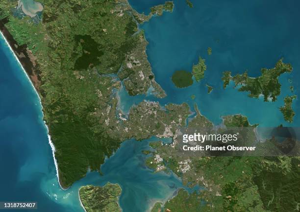 Color satellite image of Auckland, New Zealand. Image collected on April 29, 2019 by Sentinel-2 satellites.