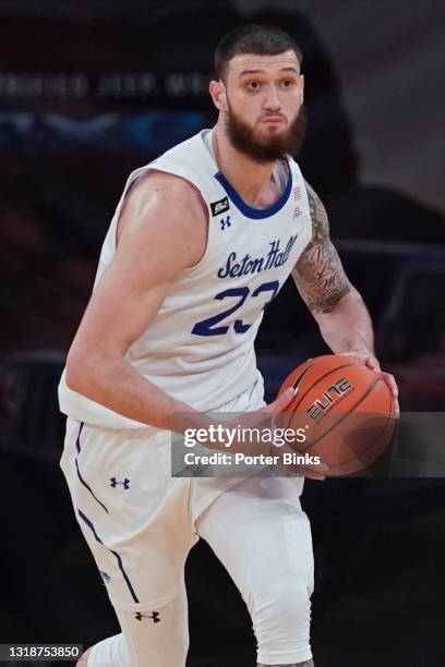 Sandro Mamukelashvili of the Seton Hall Pirates dribbles the ball against the Georgetown Hoyas during a Big East Tournament semifinal game at Madison...