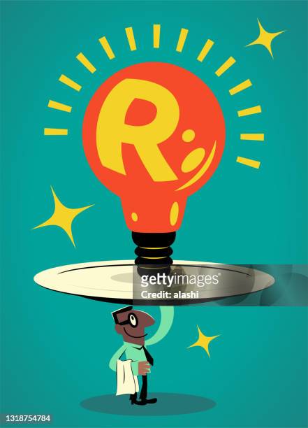 smiling businessman (inventor, entrepreneur, scientist) is carrying a huge plate and the light bulb (big idea) that has a south african rand currency sign is on it - am rand stock illustrations