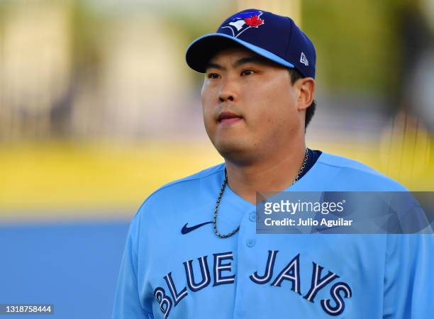Hyun Jin Ryu of the Toronto Blue Jays walks to the dugout before a game against the Boston Red Sox at TD Ballpark on May 18, 2021 in Dunedin, Florida.