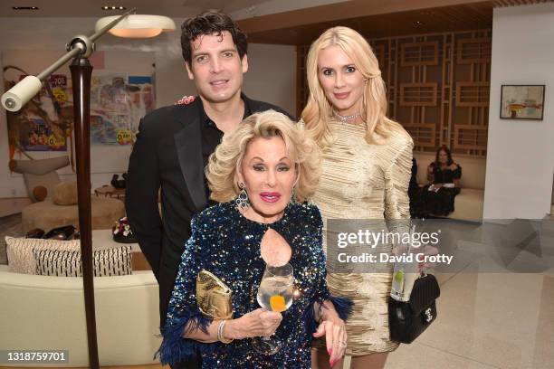 Christian Hannig, Nikki Haskell and Celesta Hodge attend Nikki Haskell's 80th Birthday on May 17, 2021 in Beverly Hills, California.