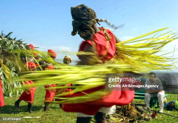 Bwiti initiates dancing at the 7th edition of the Fete des Culture de Libreville, June 8, 2003. The Bwiti is a typically Gabonese initiation rite,...