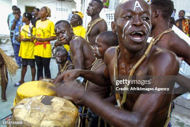Tam-tam drummers of the 'Mbatwa' rhythm, a traditional dance from northern Gabon , during the 7th edition of the Festival of Cultures in Libreville,...