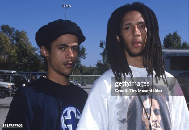 Damian Marley and Julian Marley pose during Lollapalooza at Shoreline Amphitheatre on August 16, 1997 in Mountain View, California.