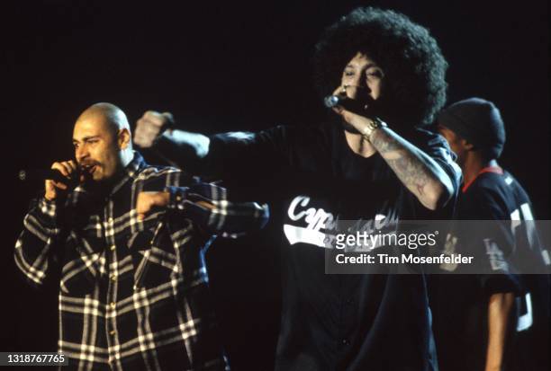 SAen Dog and B-Real of Cypress Hill perform during Smokin' Grooves at Shoreline Amphitheatre on July 26, 1997 in Mountain View, California.