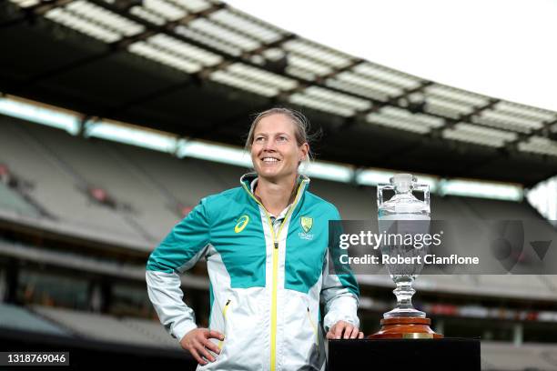 Australian Women’s Captain Meg Lanning poses with the Ashes Trophy during a press conference at Melbourne Cricket Ground on May 19, 2021 in...