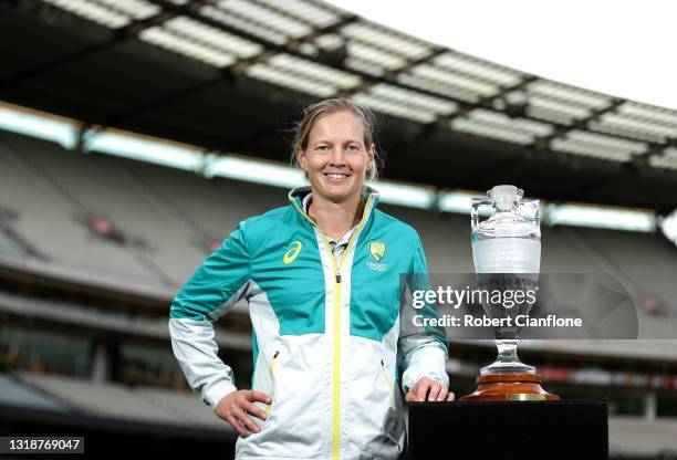 Australian Women’s Captain Meg Lanning poses with the Ashes Trophy during a press conference at Melbourne Cricket Ground on May 19, 2021 in...