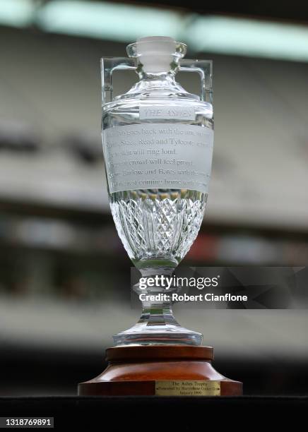 The Ashes Trophy is seen during a press conference at Melbourne Cricket Ground on May 19, 2021 in Melbourne, Australia. Cricket Australia have...