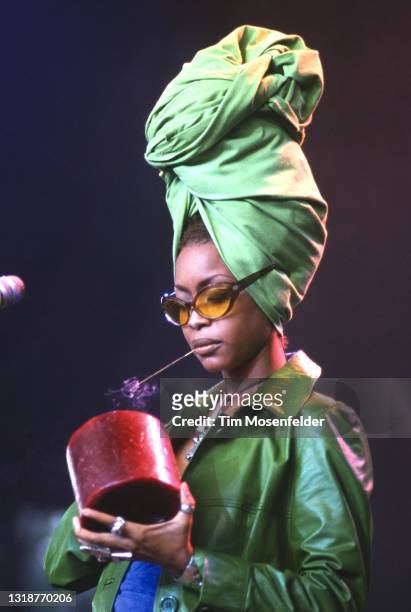 Erykah Badu performs during Smokin' Grooves at Shoreline Amphitheatre on July 26, 1997 in Mountain View, California.