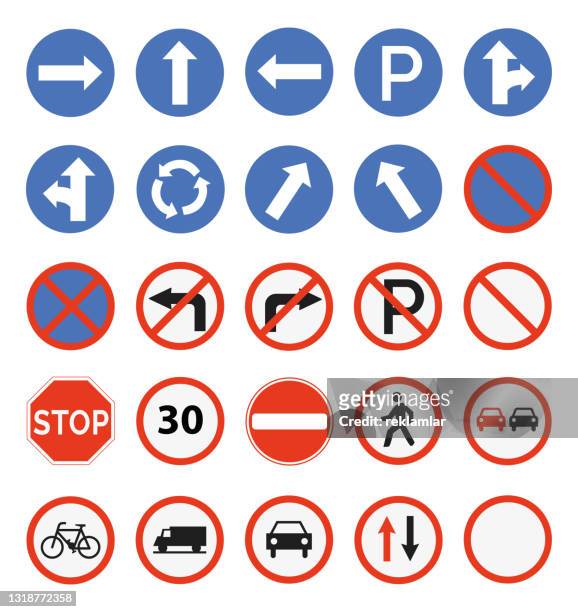 設置交通路標。規範、警告、高速公路限速、禁區標誌和導引字元標誌向量插圖集合，用於圖形和網頁設計 - 進入禁止標識 幅插畫檔、美工圖案、卡通及圖標