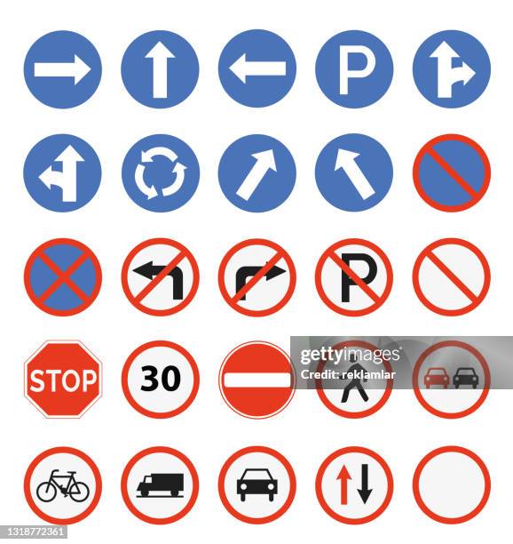 traffic road signs set. regulatory, warning, highway limit speed, restricted area symbols and guide character signs vector illustration collection for graphic and web design. - road sign stock illustrations