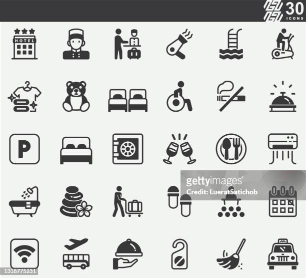 hotel , service , room ,bed silhouette icons - television set smoke stock illustrations