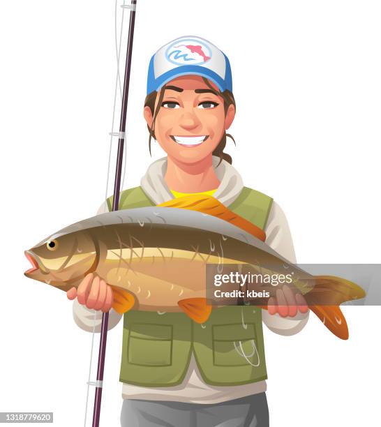 ilustrações de stock, clip art, desenhos animados e ícones de proud young fisherwoman holding big carp - perseguir