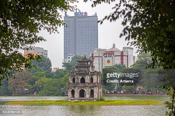 19th century Turtle Tower / Tortoise Tower in the middle of Hoan Kiem Lake / Sword Lake in central Hanoi, Vietnam.
