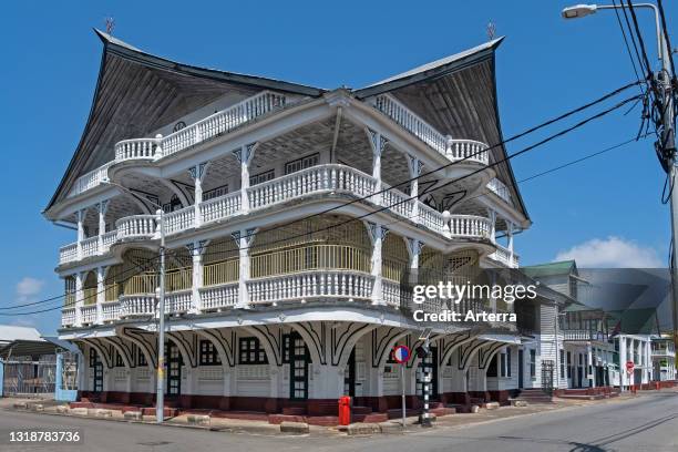 Renovated white wooden building in Dutch colonial style in the historic inner city of Paramaribo, Paramaribo District, Suriname / Surinam.