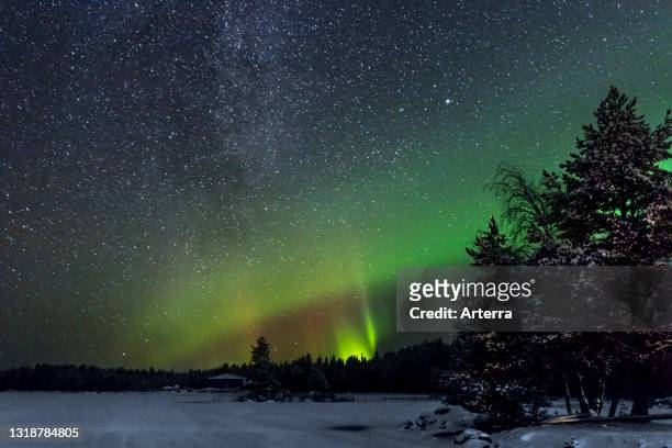 Northern Lights / Aurora borealis, weather phenomenon showing natural light display over Jokkmokk in winter, Norrbotten County, Lapland, Sweden.
