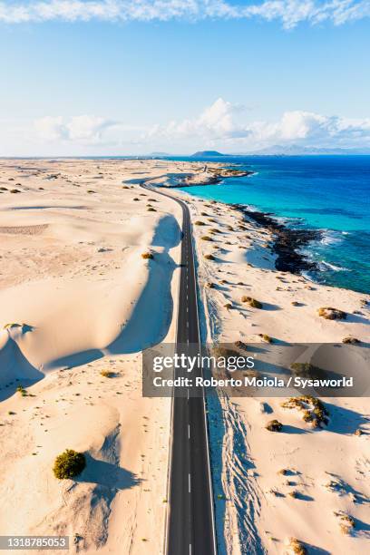 coastal road through desert dunes, fuerteventura - fuerteventura fotografías e imágenes de stock