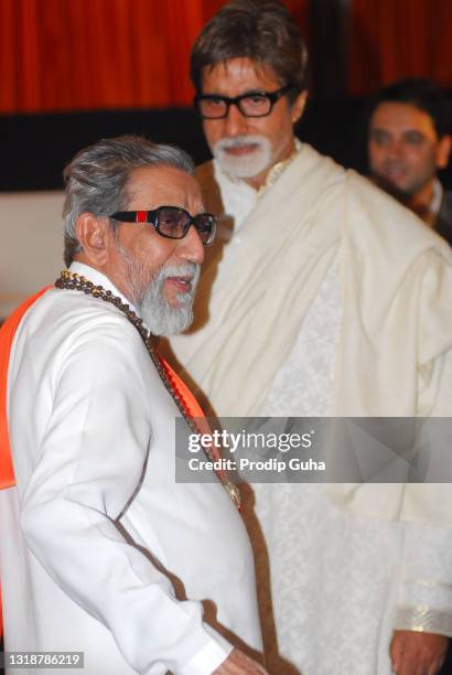 Balasaheb Thackeray and Amitabh Bachchan attend the book launch 'Ayurvedic Garbha Sankar' by Dr. Balaji Tambe on July 24, 2011 in Mumbai, India.