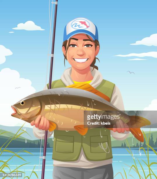 stockillustraties, clipart, cartoons en iconen met trotse fisherwoman met karper bij meer - visvangst