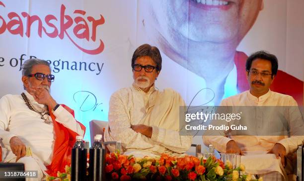 Balasaheb Thackeray, Amitabh Bachchan and Uddhav Thackeray attend the book launch 'Ayurvedic Garbha Sankar' by Dr. Balaji Tambe on July 24, 2011 in...