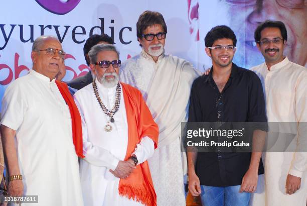 Balasaheb Thackeray, Amitabh Bachchan, Aaditya Thackeray and Uddhav Thackeray attend the book launch 'Ayurvedic Garbha Sankar' by Dr. Balaji Tambe on...
