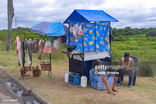Street vendors / fishermen at roadside fish stand selling freshwater fishes from the Rio Paraná / Parana River near Resistencia, Chaco, Argentina..