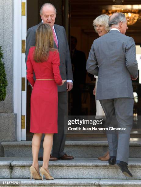 Princess Letizia of Spain, King Juan Carlos I of Spain, Camilla, Duchess of Cornwall and Prince Charles, Prince of Wales are received at Zarzuela...