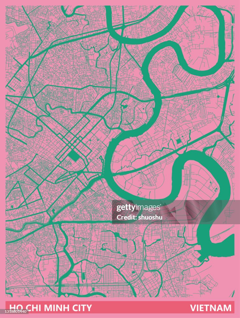 Art illustration style map,Ho Chi Minh city,vietnam