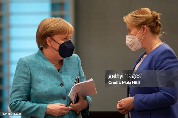 German Chancellor Angela Merkel and Family Affairs, Senior Citizens, Women and Youth Minister Franziska Giffey talk prior to a weekly government...