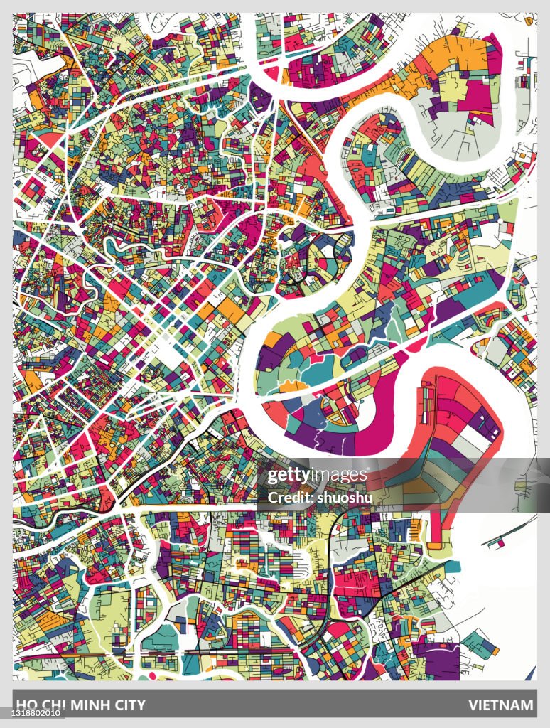 Art illustration style map,Ho Chi Minh city,vietnam