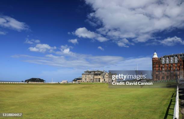 View of the par 4, 18th hole on The Old Course at St Andrews with the Royal and Ancient Golf Club Clubhouse on May 11, 2021 in St Andrews, Scotland.