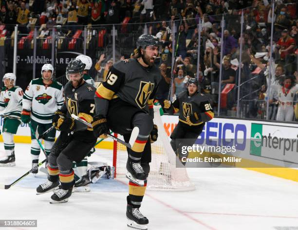 Alex Pietrangelo, Alex Tuch and Mattias Janmark of the Vegas Golden Knights celebrate after Janmark and Pietrangelo assisted Tuch on a second-period...