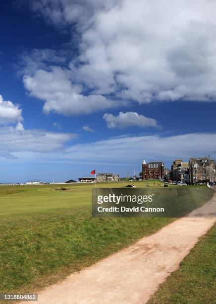 View of the par 4, 17th green 'The Road Hole' with the par 4, 18th hole behind on The Old Course at St Andrews with the Royal and Ancient Golf Club...