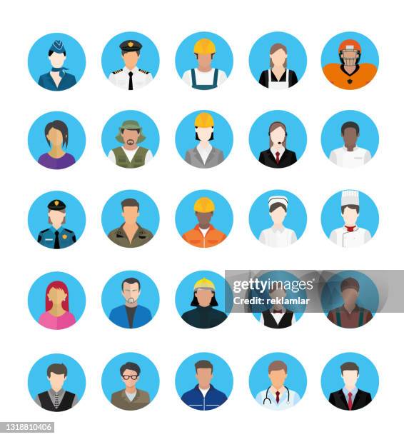 ilustraciones, imágenes clip art, dibujos animados e iconos de stock de un grupo de personajes de dibujos animados con diferentes profesiones. avatares de hombres y mujeres de negocios - uniform