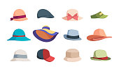 Hats. Fashioned head clothes summer caps and hats for woman garish vector illustrations collection isolated
