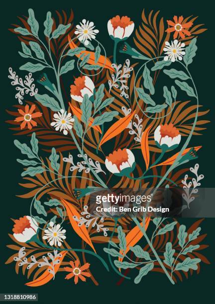 floral arrangement on dark green - art deco pattern stockfoto's en -beelden