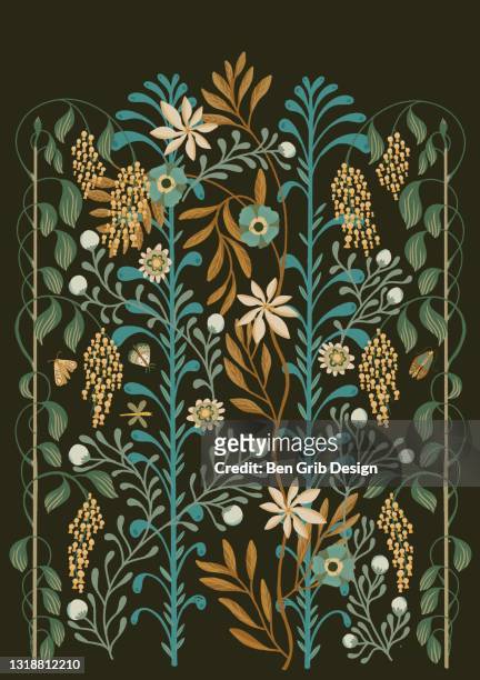 illustrated floral arrangement on dark green - stile liberty foto e immagini stock