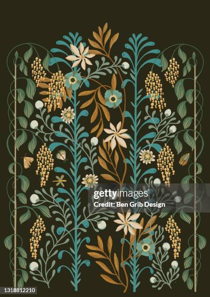 illustrated floral arrangement on dark green - art nouveau stock pictures, royalty-free photos & images