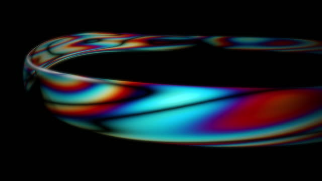 Abstract 3D circle, light effect as abstract looped background with light trails, stream of multicolor neon lines in space form rings